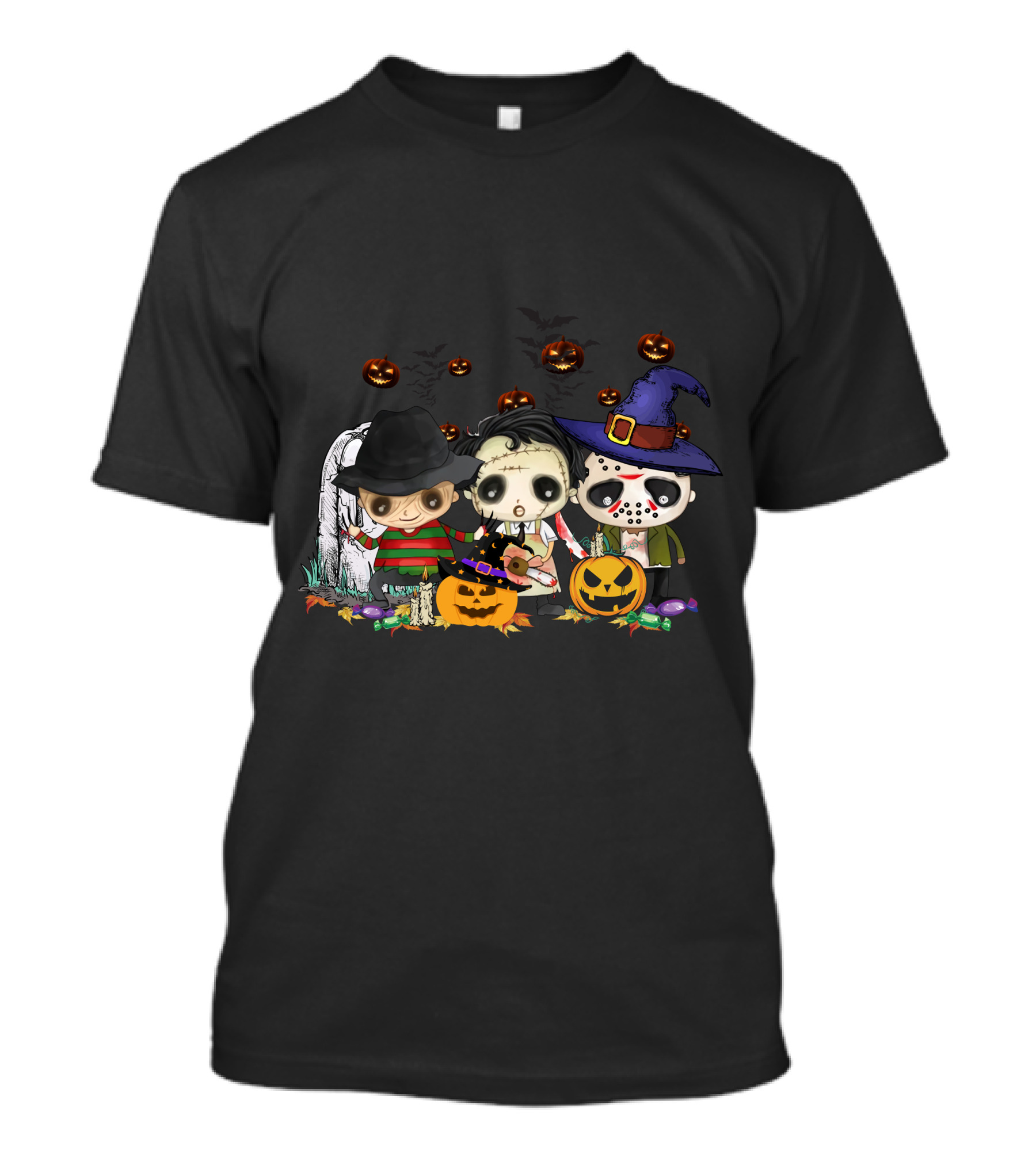 Halloween Horror Icons Trio With Jack-O'-Lanterns And Candy T-Shirt