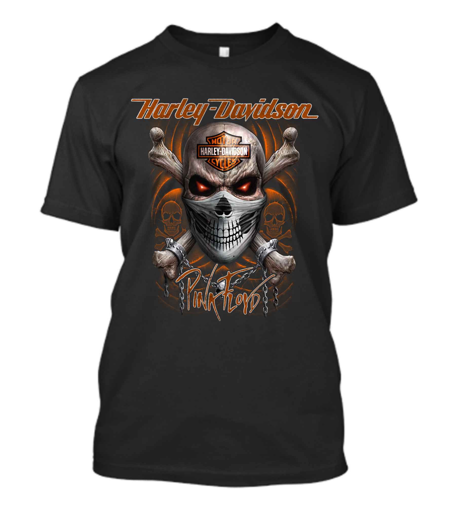 Harley Davidson Pink Floyd Skull Design With Chains And Orange Accents T-Shirt