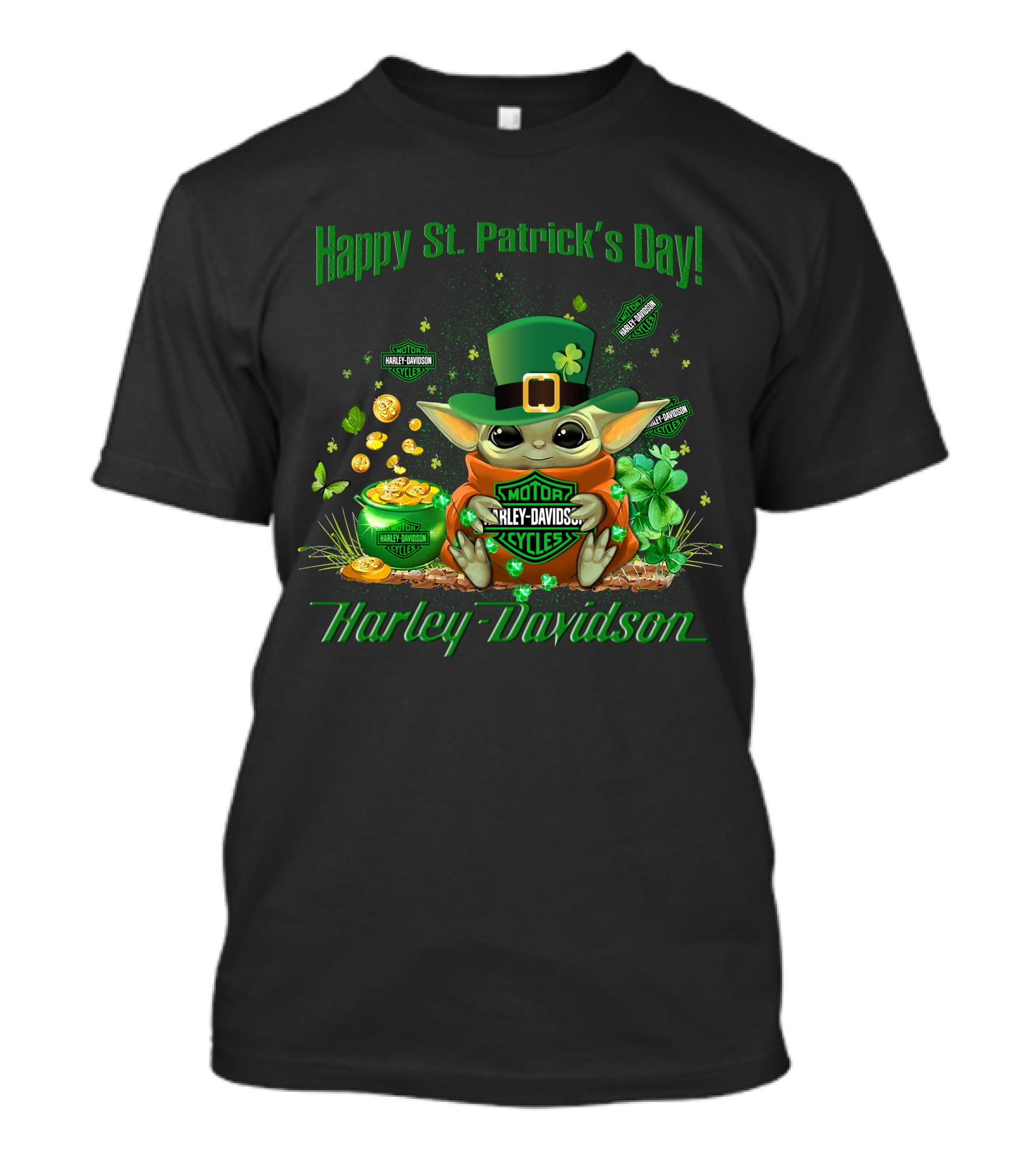 Happy St. Patrick's Day Baby Yoda Harley Davidson T-Shirt