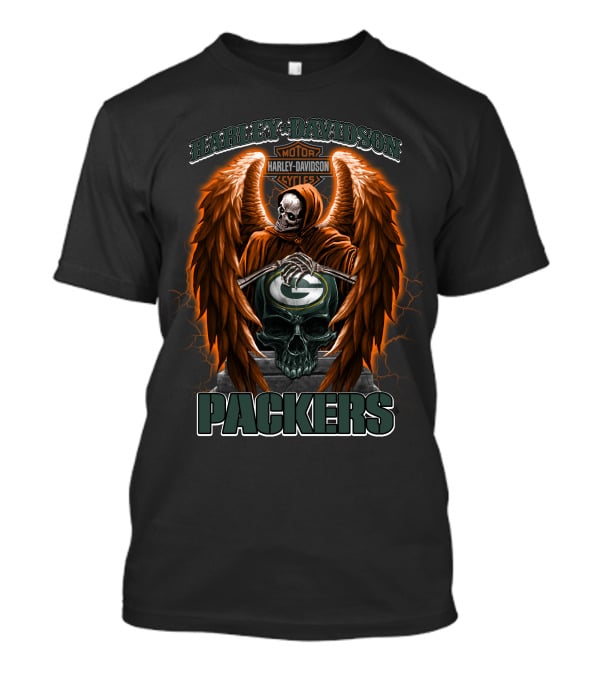 Harley Davidson Motor Cycles Green Bay Packers Skull Wings T-Shirt