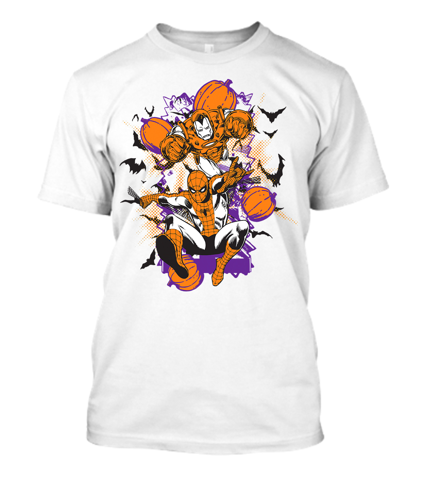 Marvel Spider Man And Iron Man Halloween Pumpkins And Bats T-Shirt