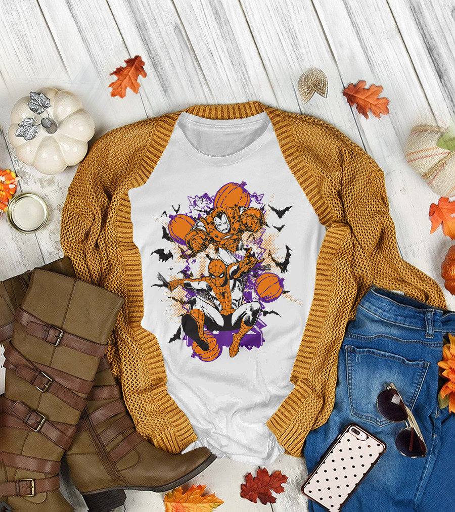 Marvel Spider Man And Iron Man Halloween Pumpkins And Bats T-Shirt