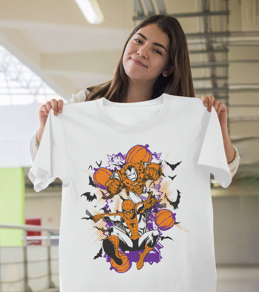Marvel Spider Man And Iron Man Halloween Pumpkins And Bats T-Shirt