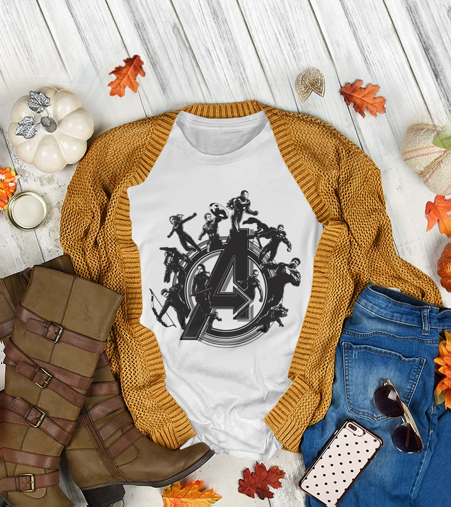 Marvel Avengers Endgame Flying Heroes Emblem With Iconic Characters T-Shirt