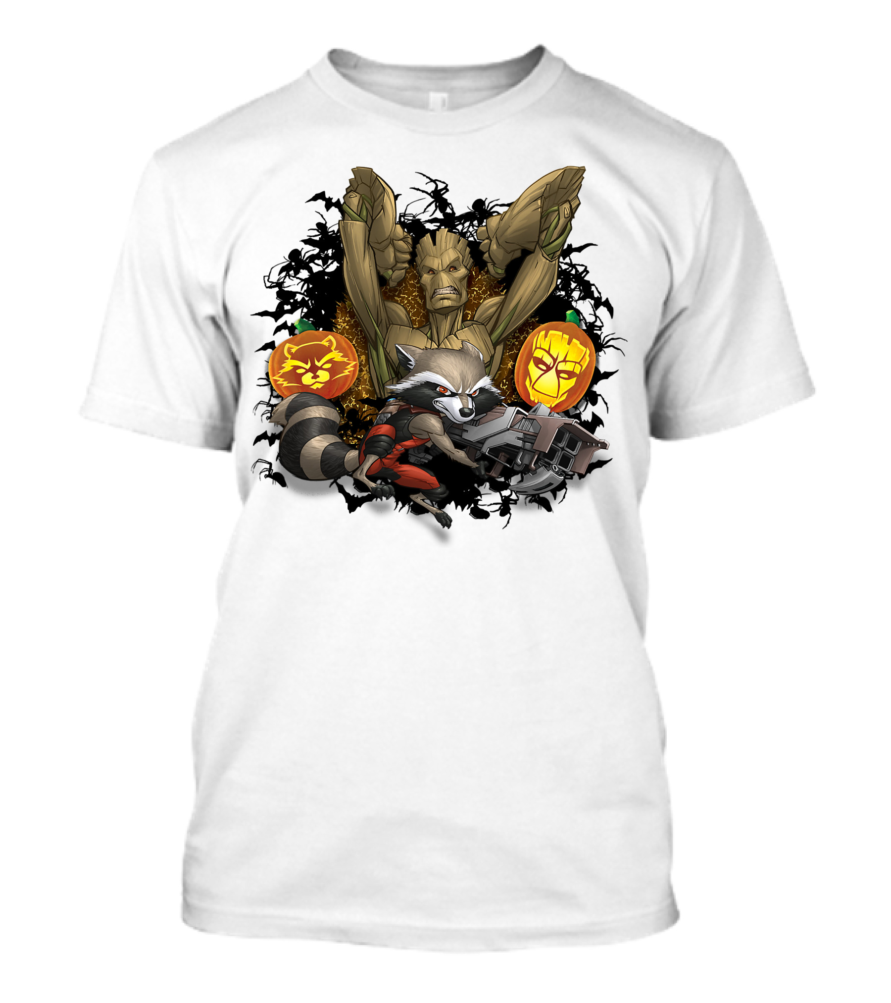 Groot And Rocket Raccoon Halloween Jack O' Lantern Duo T-Shirt