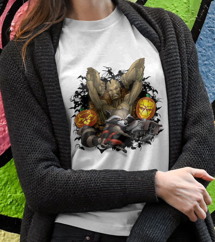 Groot And Rocket Raccoon Halloween Jack O' Lantern Duo T-Shirt