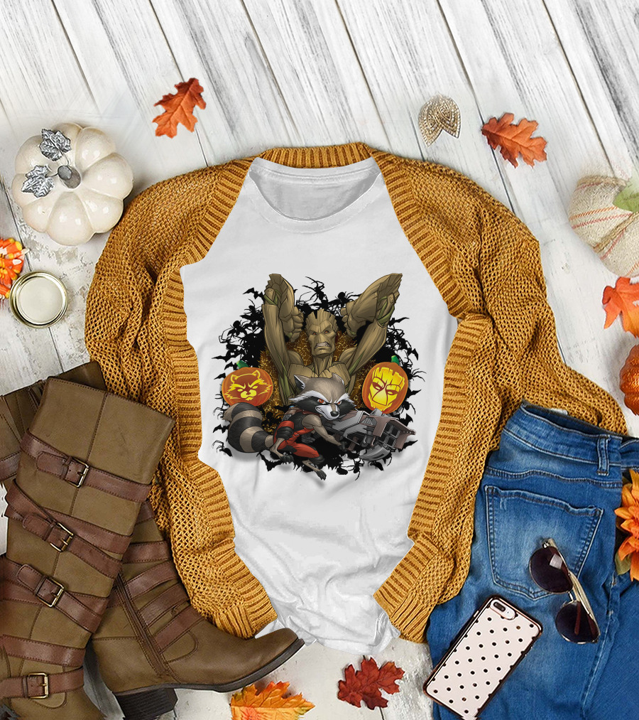Groot And Rocket Raccoon Halloween Jack O' Lantern Duo T-Shirt