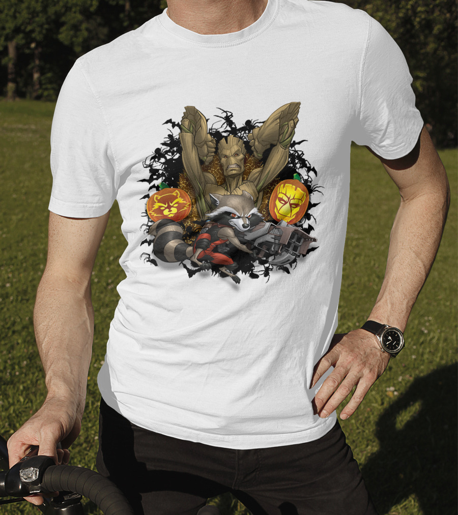 Groot And Rocket Raccoon Halloween Jack O' Lantern Duo T-Shirt