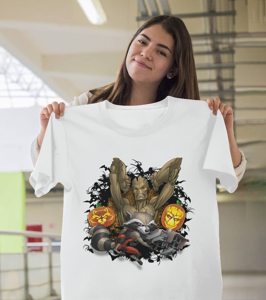 Groot And Rocket Raccoon Halloween Jack O' Lantern Duo T-Shirt