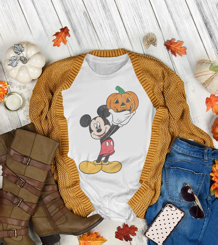 Mickey Mouse Holding Halloween Pumpkin T-Shirt