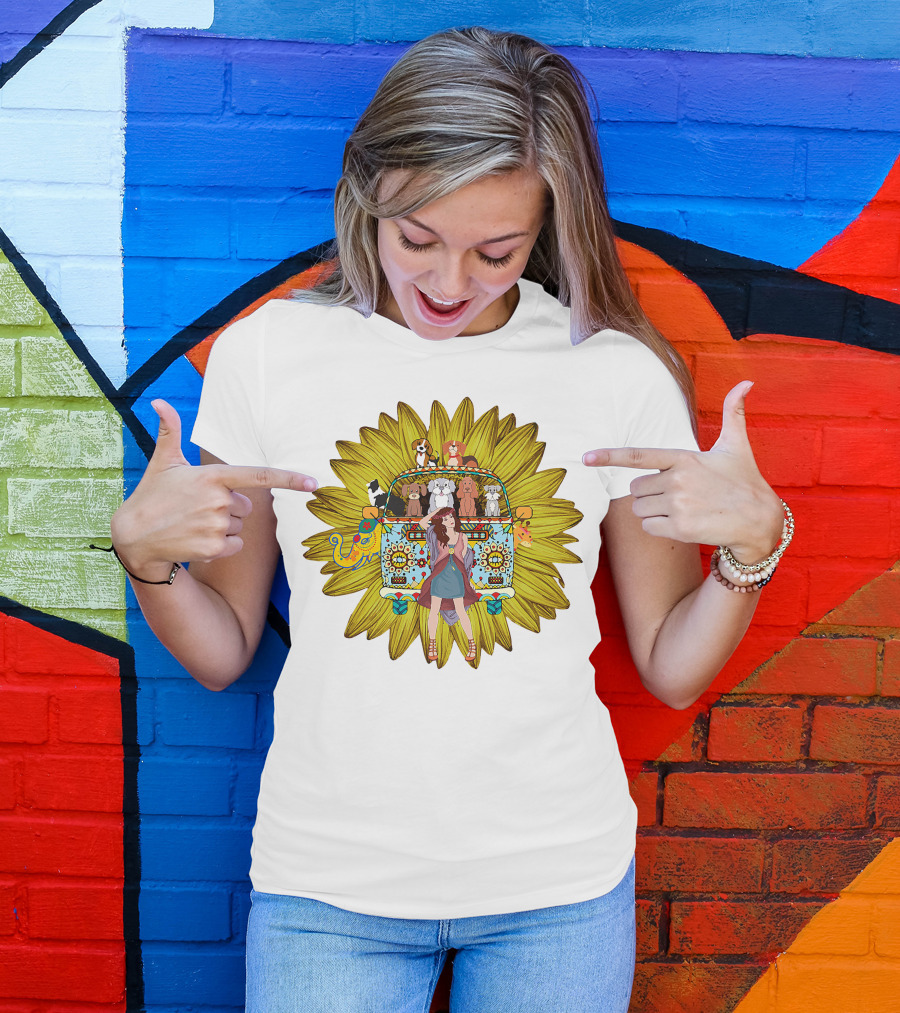 I'm Mostly Peace Love Animals Hippie Van Sunflower Dogs T-Shirt