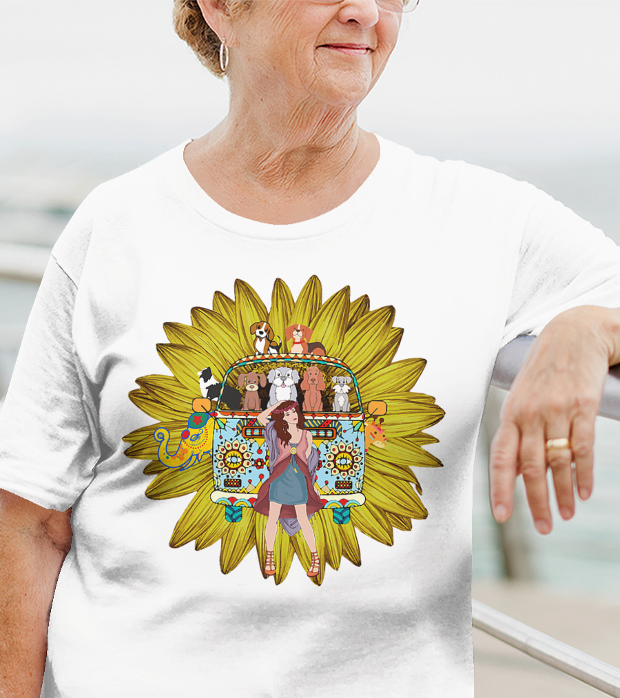 I'm Mostly Peace Love Animals Hippie Van Sunflower Dogs T-Shirt