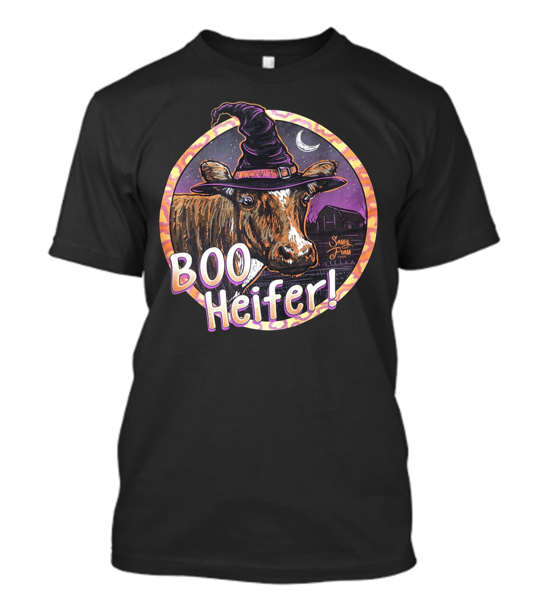 Boo Heifer Funny Halloween Witch Cow With Moon And Barn Scene T-Shirt