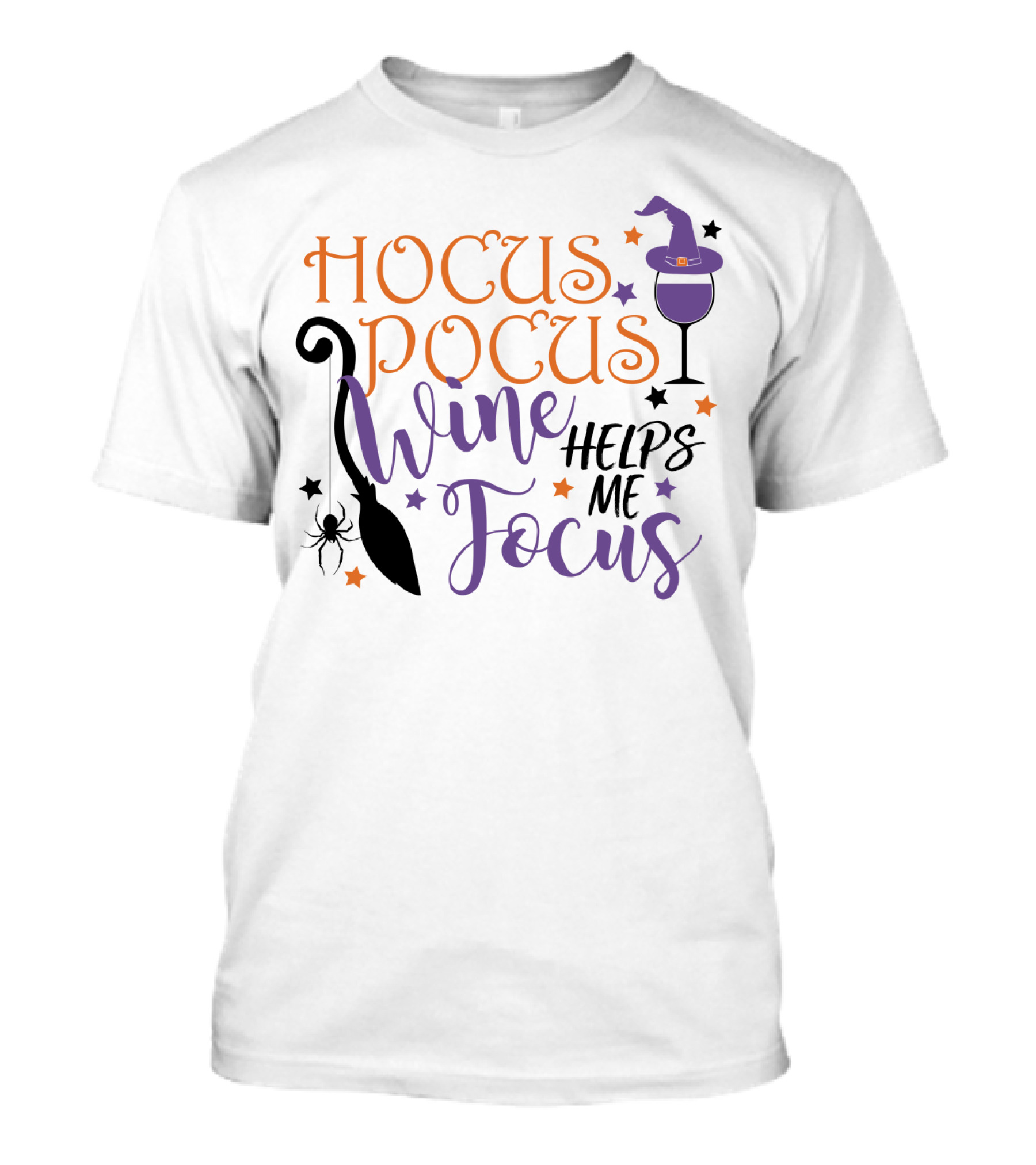Hocus Pocus Wine Helps Me Focus Funny Halloween Witch Hat Broom Spider Stars T-Shirt