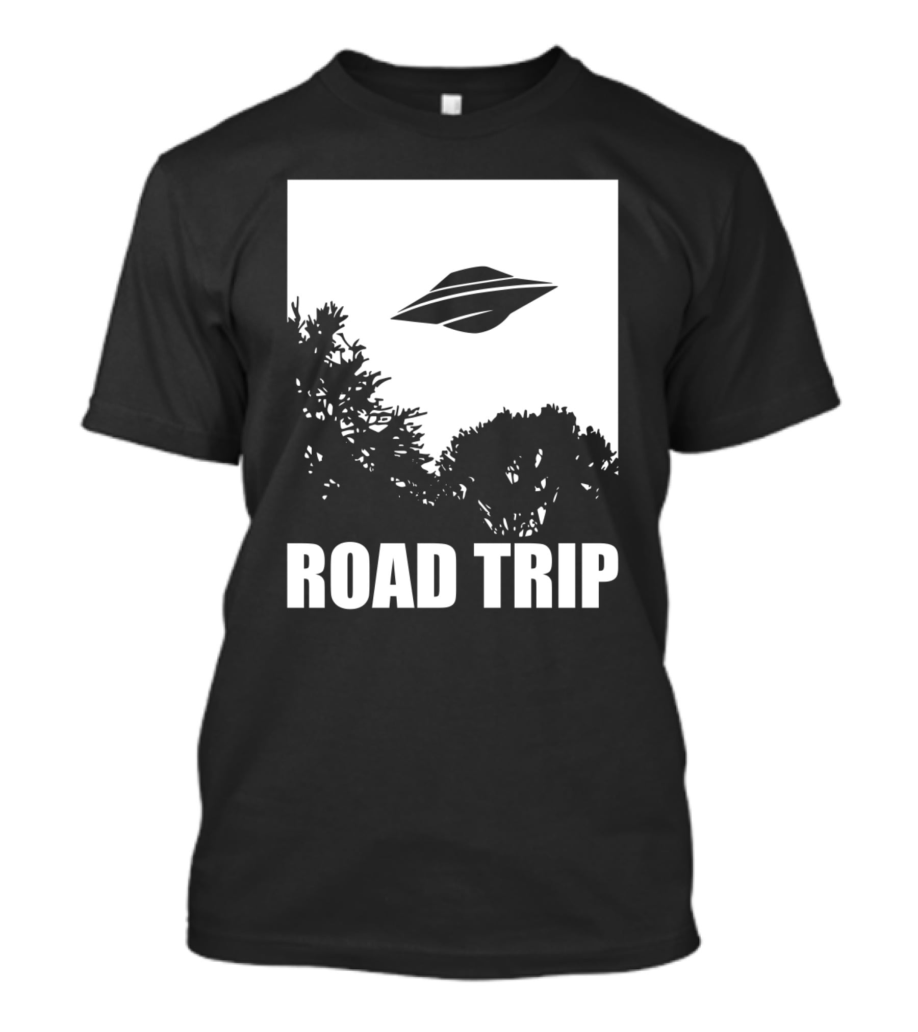Road Trip UFO Flying Over Silhouette Trees T-Shirt