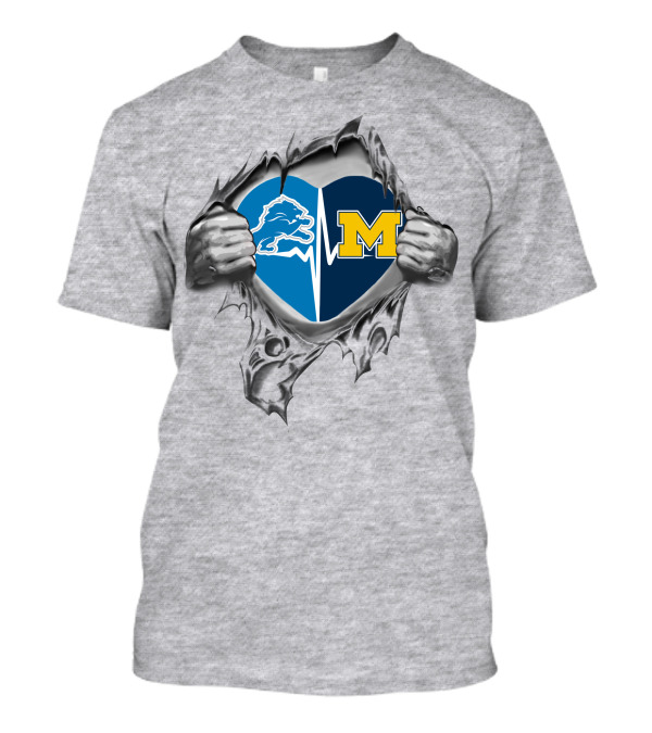 Michigan Wolverines Detroit Lions Heartbeat Logo Fusion T-Shirt