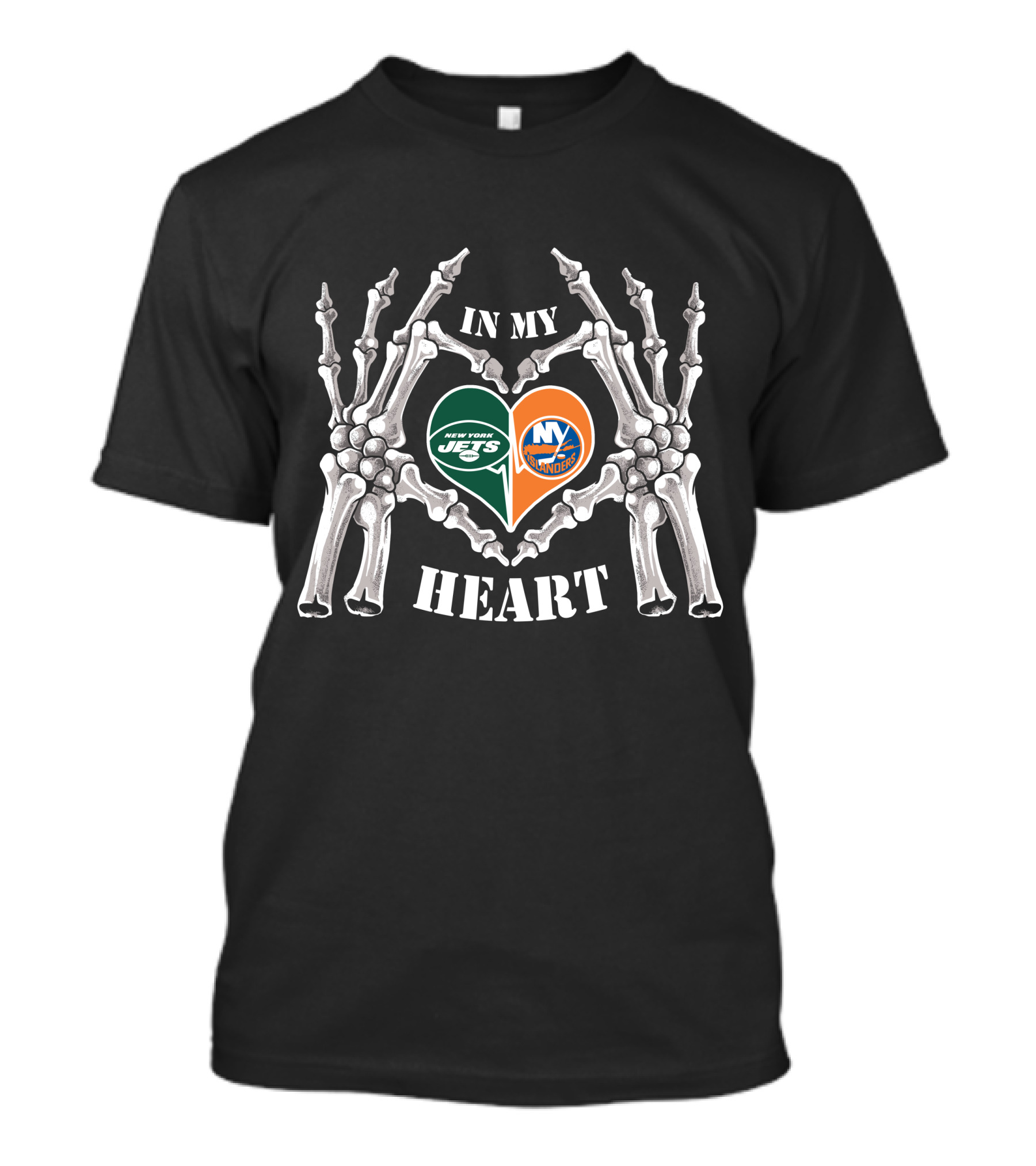 In My Heart New York Jets New York Islanders Skeleton Hands T-Shirt