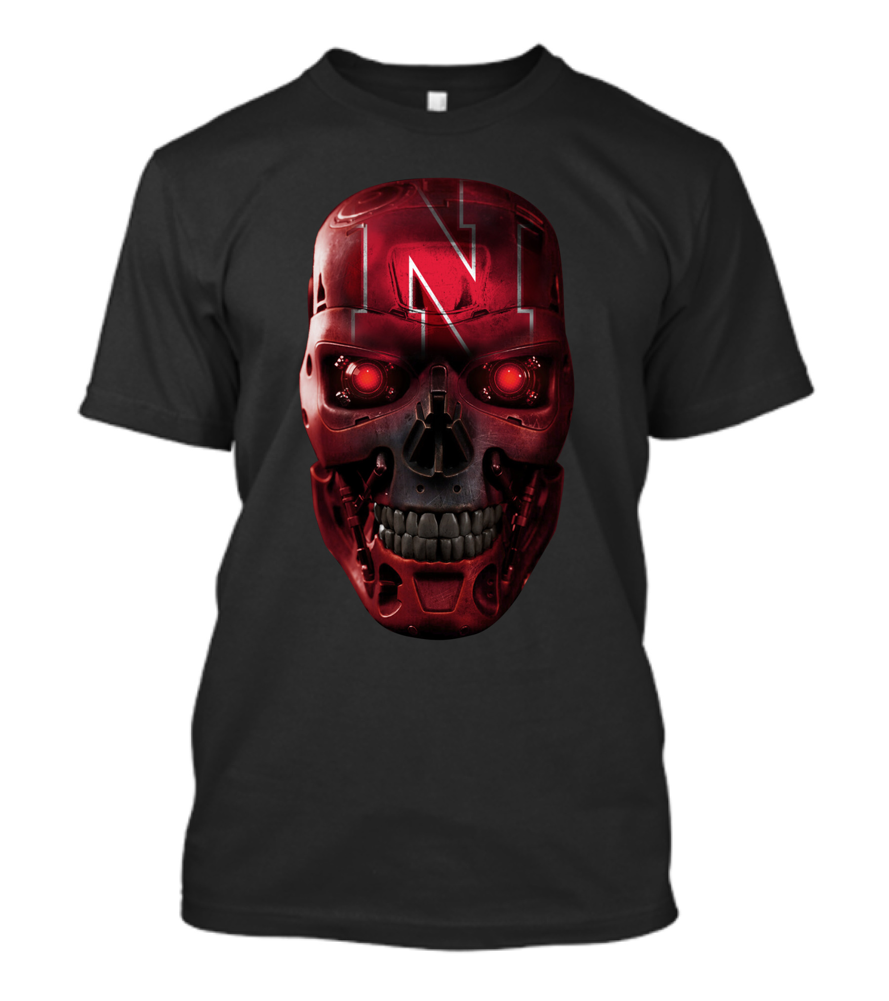 N Red Skull With Robotic Cornhuskers Face T-Shirt