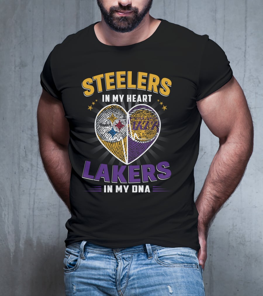 Steelers In My Heart Lakers In My Dna Fingerprint Heart T-Shirt