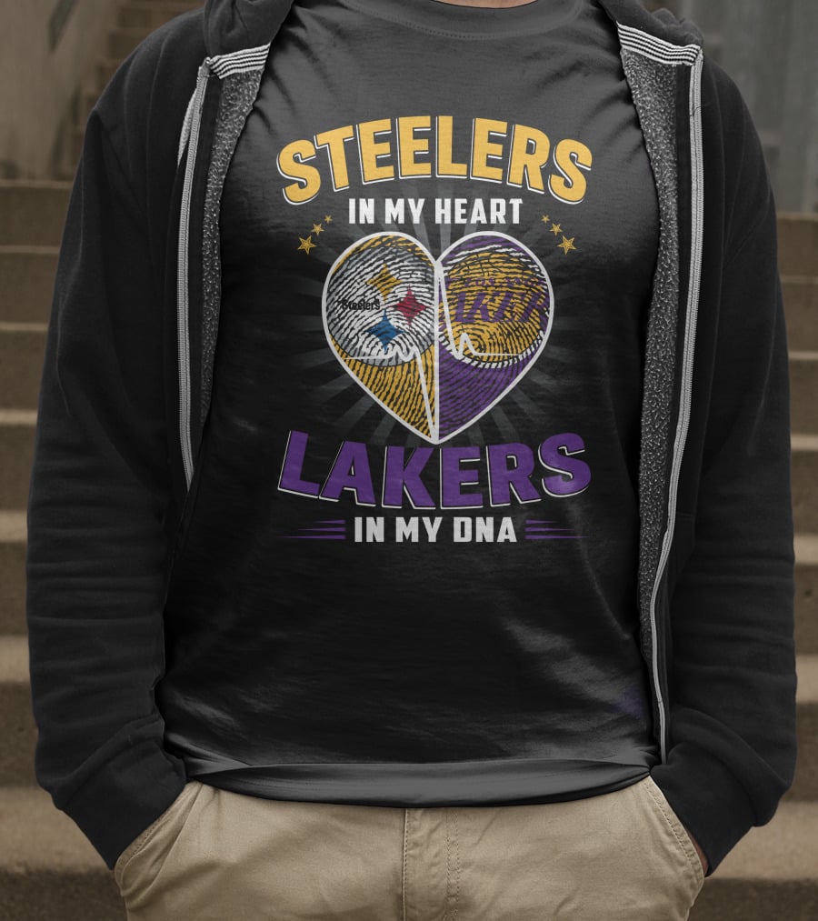 Steelers In My Heart Lakers In My Dna Fingerprint Heart T-Shirt