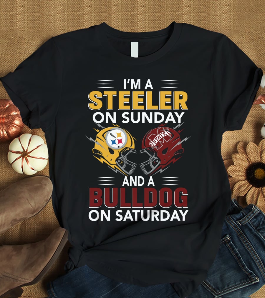 I'm A Steeler On Sunday And A Bulldog On Saturday Football Helmet Design With Team Logos T-Shirt