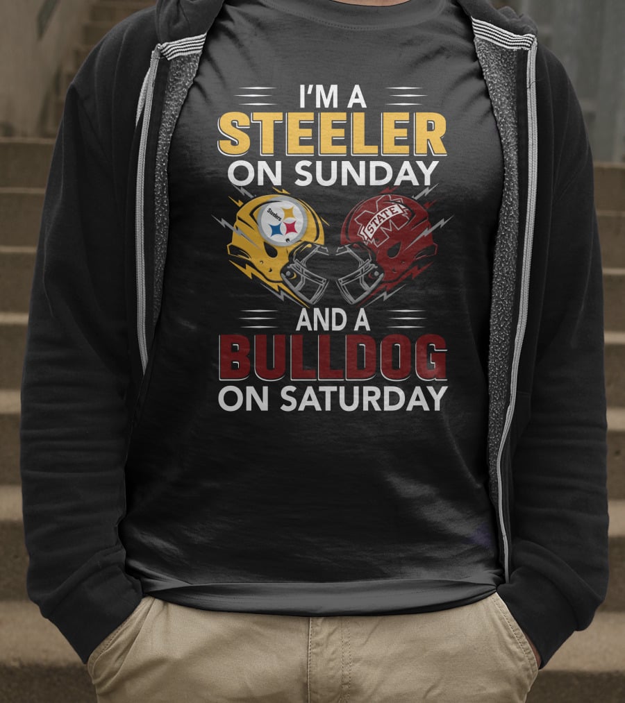 I'm A Steeler On Sunday And A Bulldog On Saturday Football Helmet Design With Team Logos T-Shirt