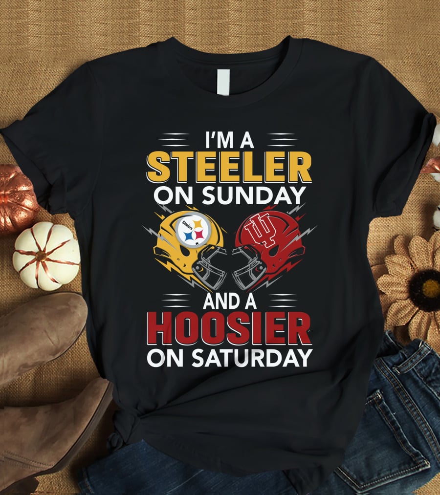 I'm A Steeler On Sunday And A Hoosier On Saturday Football Helmets Collide T-Shirt
