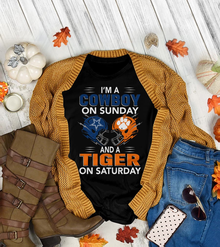 I'm A Cowboy On Sunday And A Tiger On Saturday Football Helmets Rivalry T-Shirt