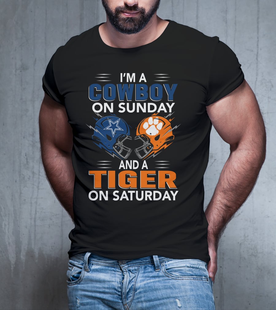 I'm A Cowboy On Sunday And A Tiger On Saturday Football Helmets Rivalry T-Shirt
