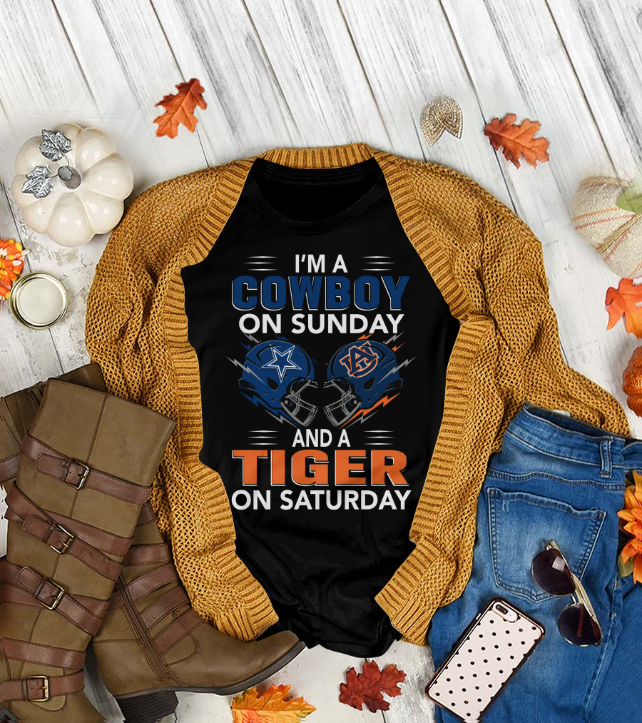 I'm A Cowboy On Sunday And A Tiger On Saturday Dallas Football Auburn Foam Helmets Fan Spirit T-Shirt