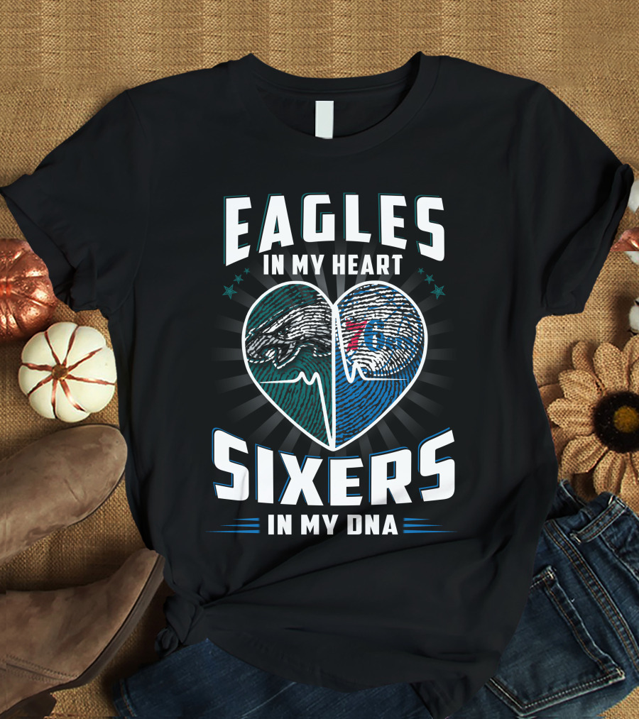 Eagles In My Heart With Sixers In My Dna Fingerprint Heart T-Shirt