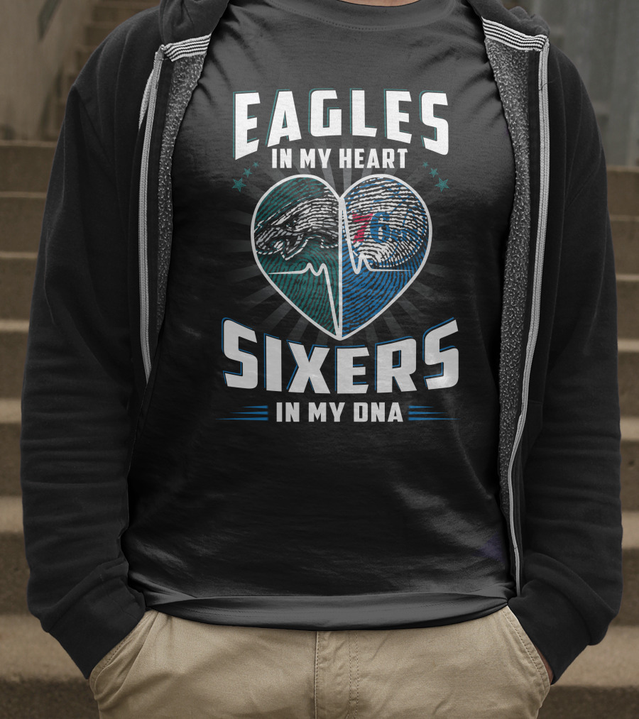 Eagles In My Heart With Sixers In My Dna Fingerprint Heart T-Shirt