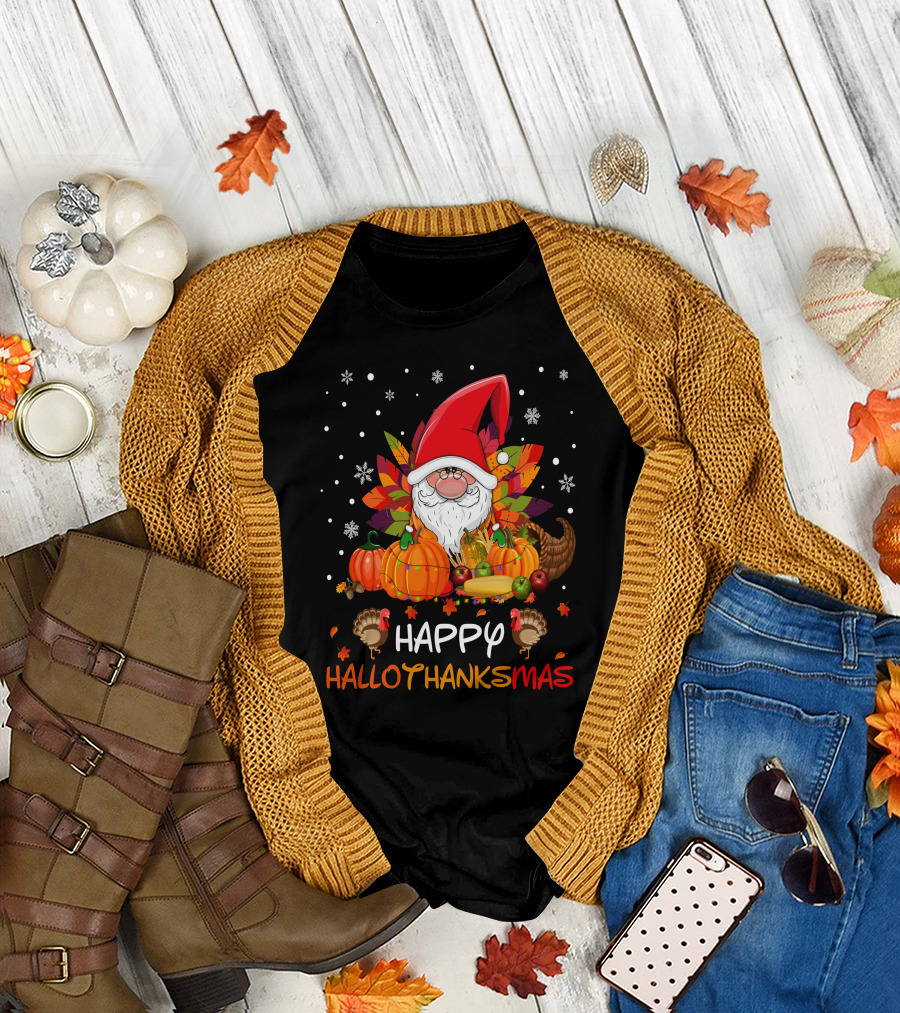 Happy HalloThanksMas Santa Hat Pumpkins Turkeys Cornucopia Snowflakes T-Shirt