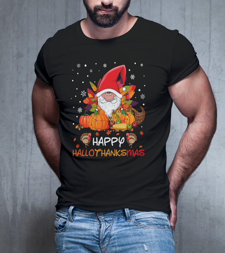 Happy HalloThanksMas Santa Hat Pumpkins Turkeys Cornucopia Snowflakes T-Shirt