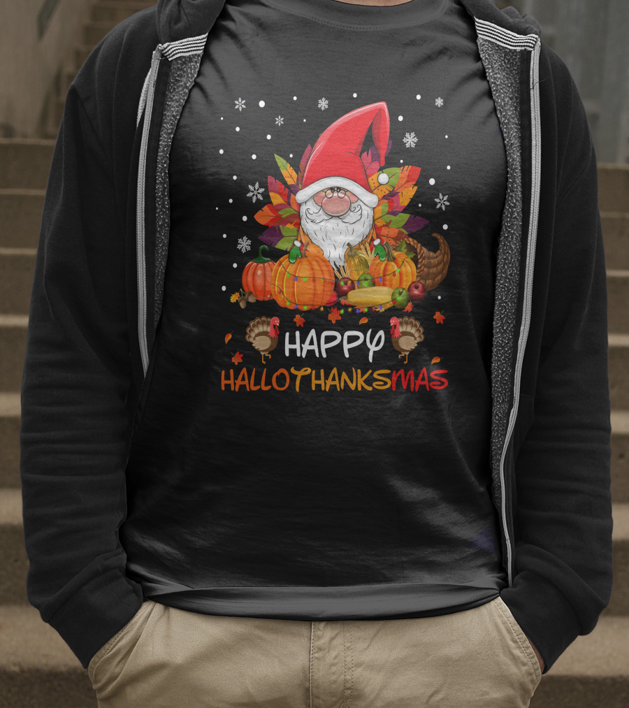 Happy HalloThanksMas Santa Hat Pumpkins Turkeys Cornucopia Snowflakes T-Shirt