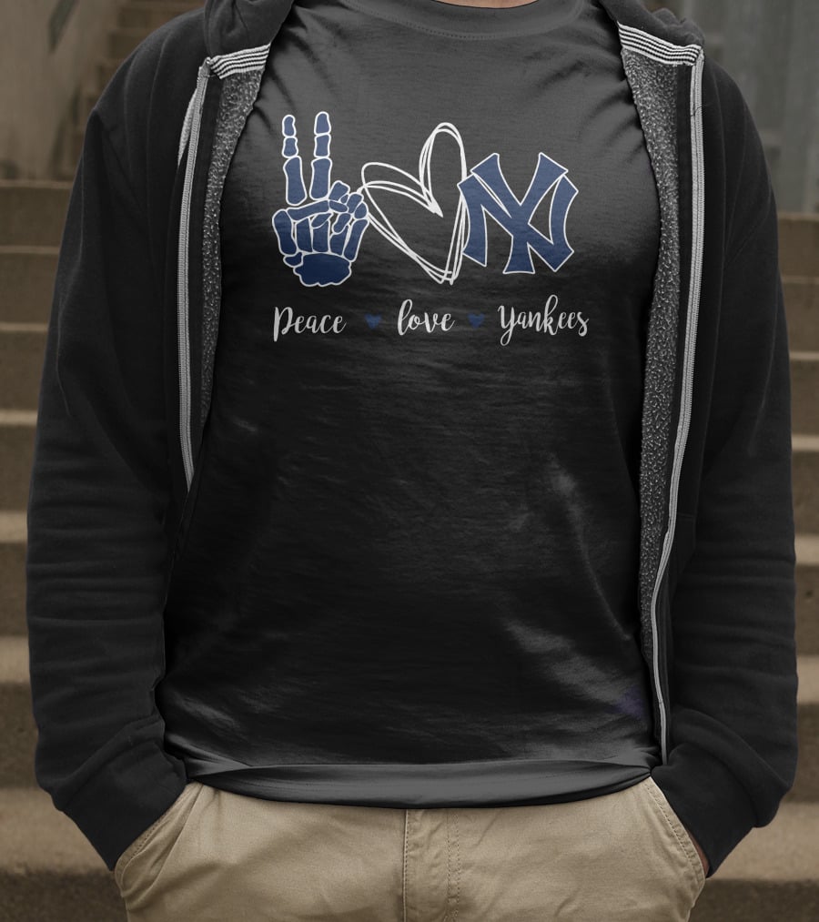 Peace Love Yankees Skeleton Hand Heart Symbol NY T-Shirt