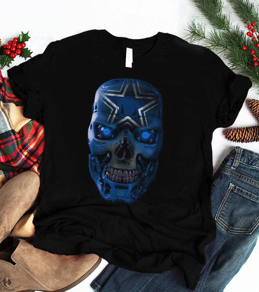Skull Cowboys Blue Metallic Star Cyborg Helmet T-Shirt