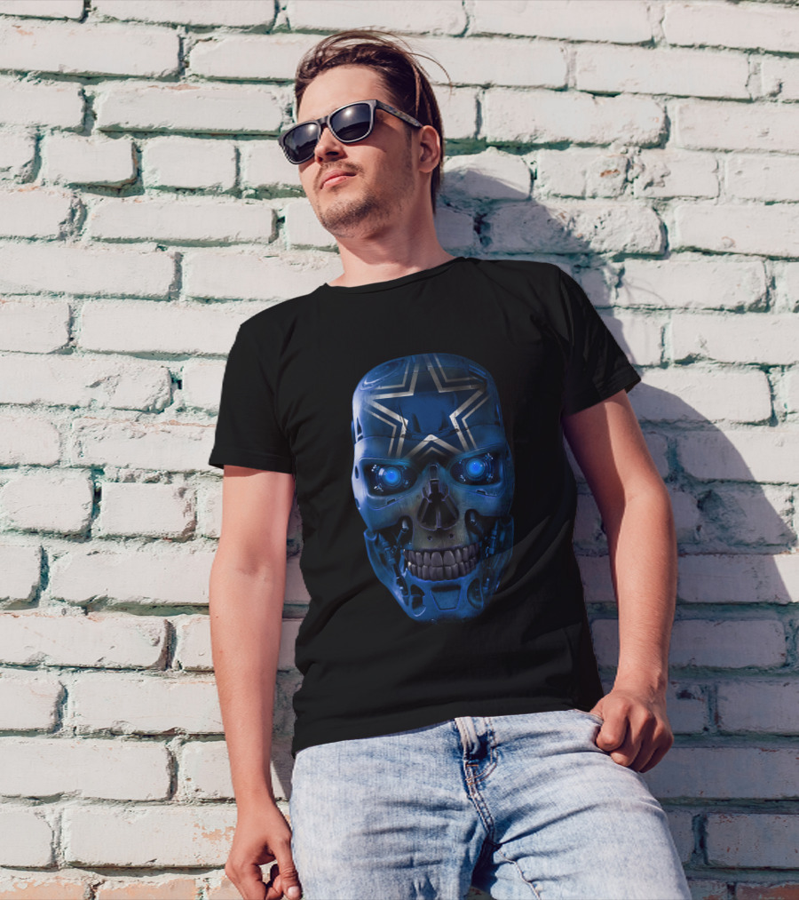 Skull Cowboys Blue Metallic Star Cyborg Helmet T-Shirt