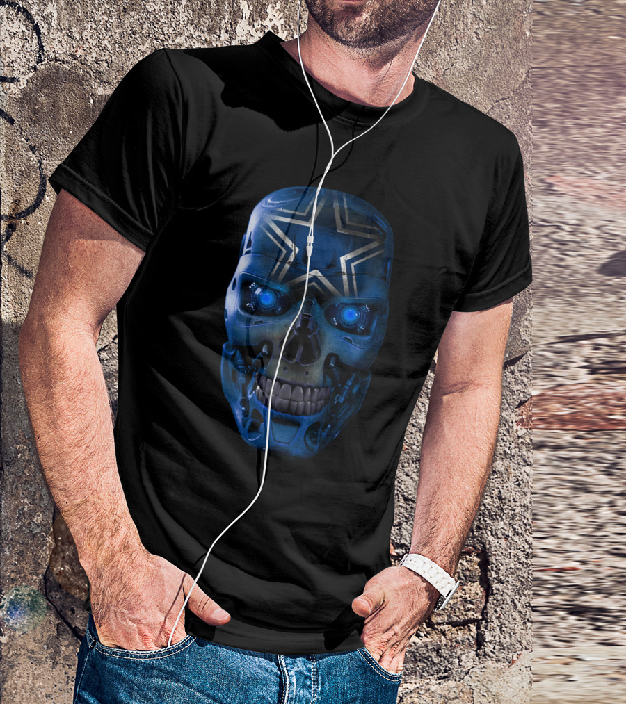 Skull Cowboys Blue Metallic Star Cyborg Helmet T-Shirt