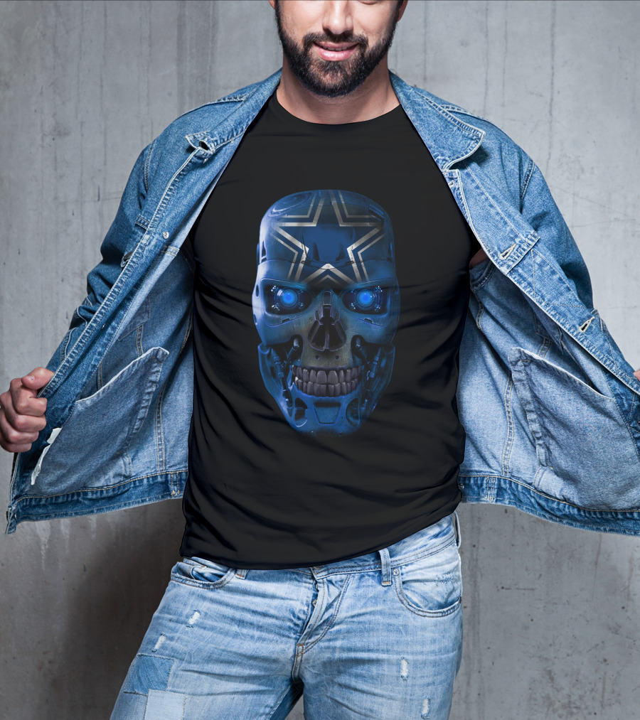 Skull Cowboys Blue Metallic Star Cyborg Helmet T-Shirt