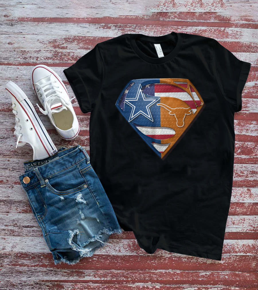 Dallas Cowboys Texas Longhorns Star And Longhorn Superman Shield Flag T-Shirt