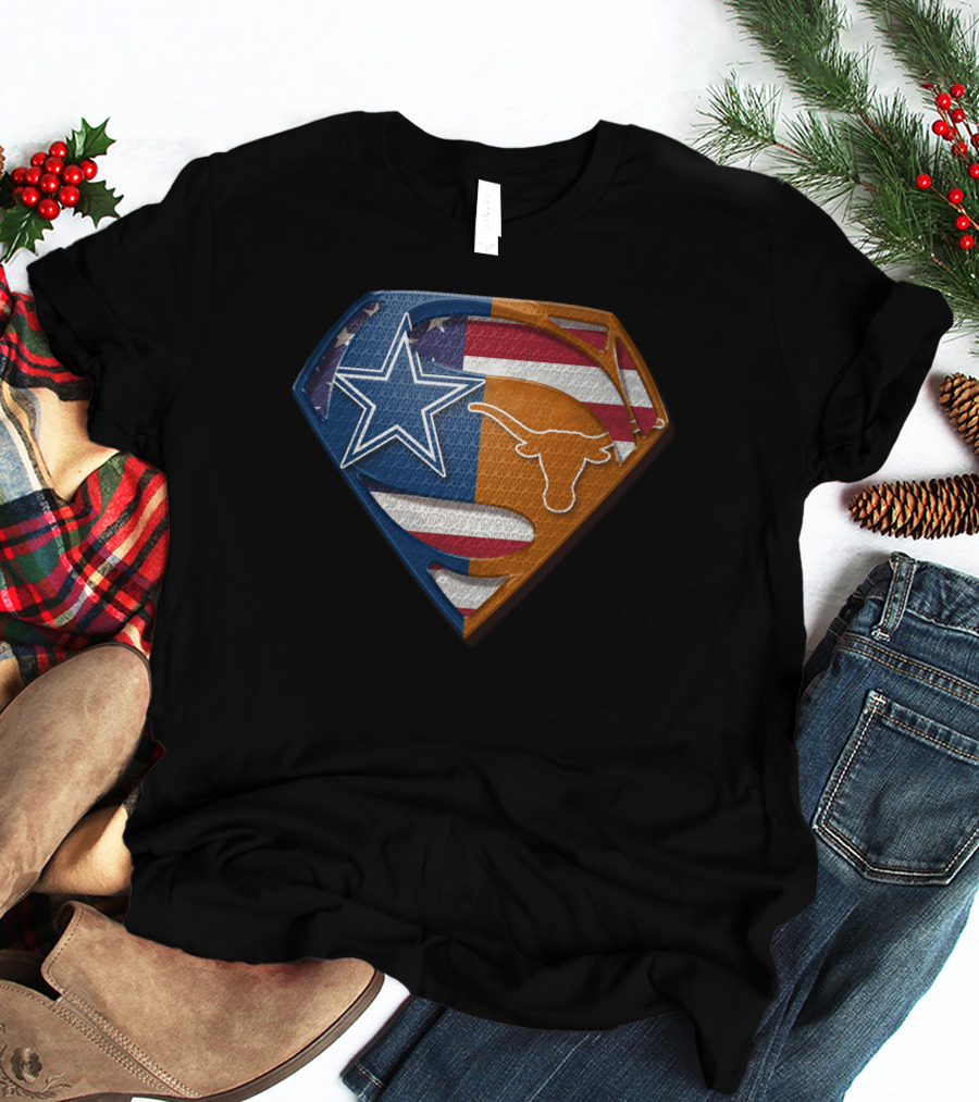 Dallas Cowboys Texas Longhorns Star And Longhorn Superman Shield Flag T-Shirt