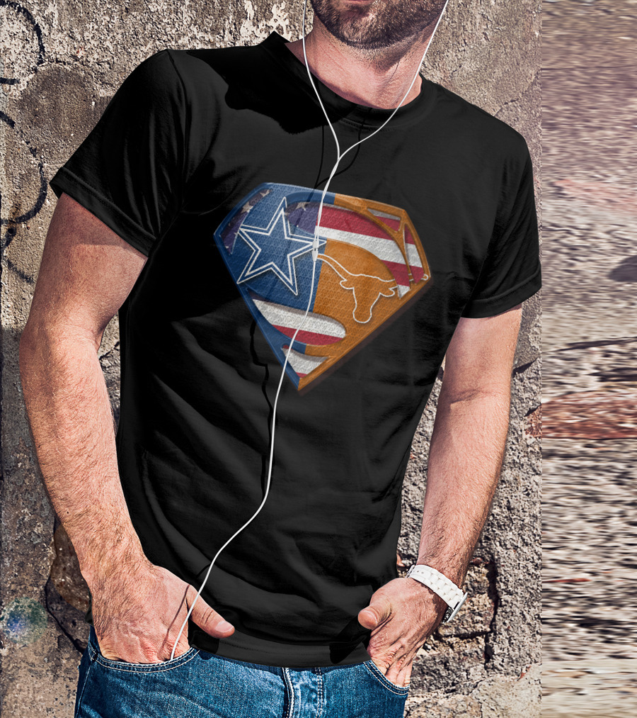 Dallas Cowboys Texas Longhorns Star And Longhorn Superman Shield Flag T-Shirt