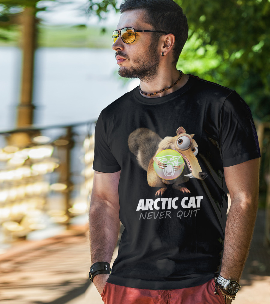 ARCTIC CAT NEVER QUIT Cartoon Character Holding T-Shirt