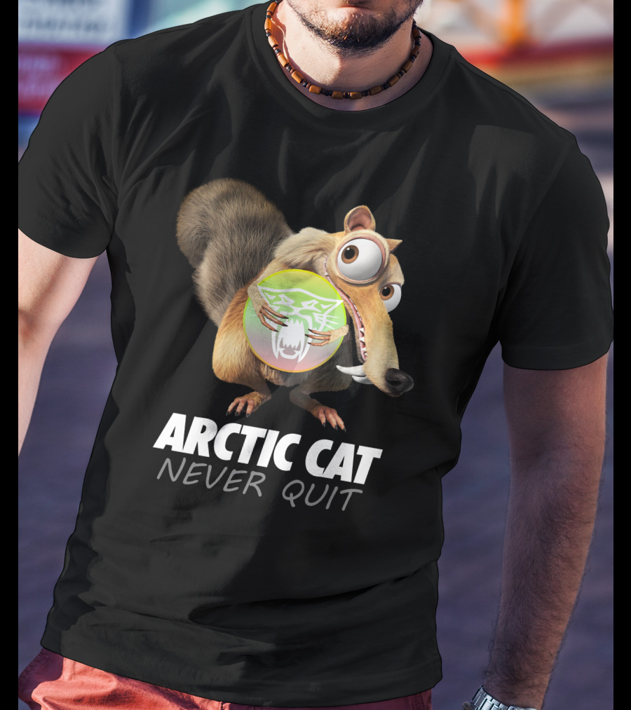 ARCTIC CAT NEVER QUIT Cartoon Character Holding T-Shirt