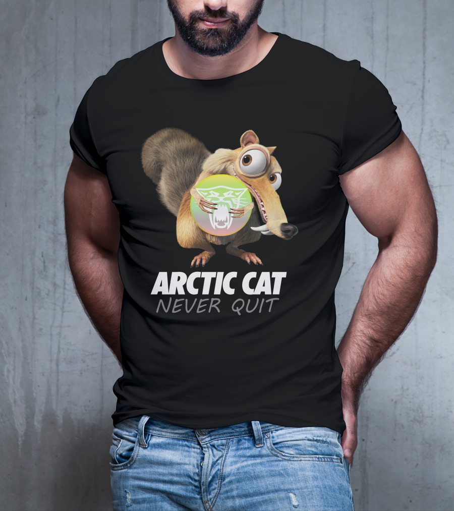 ARCTIC CAT NEVER QUIT Cartoon Character Holding T-Shirt