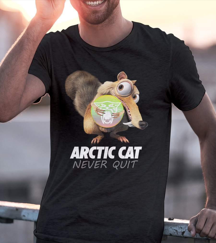 ARCTIC CAT NEVER QUIT Cartoon Character Holding T-Shirt