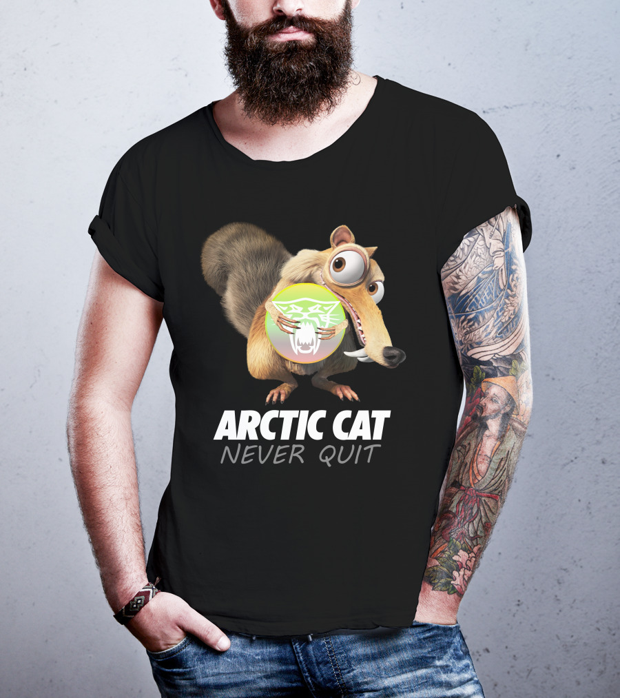 ARCTIC CAT NEVER QUIT Cartoon Character Holding T-Shirt