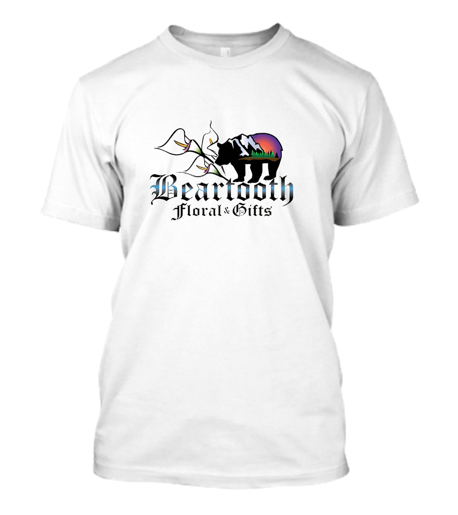Beartooth Floral And Gifts Bear Silhouette With Mountain Sunset And Floral Elements T-Shirt