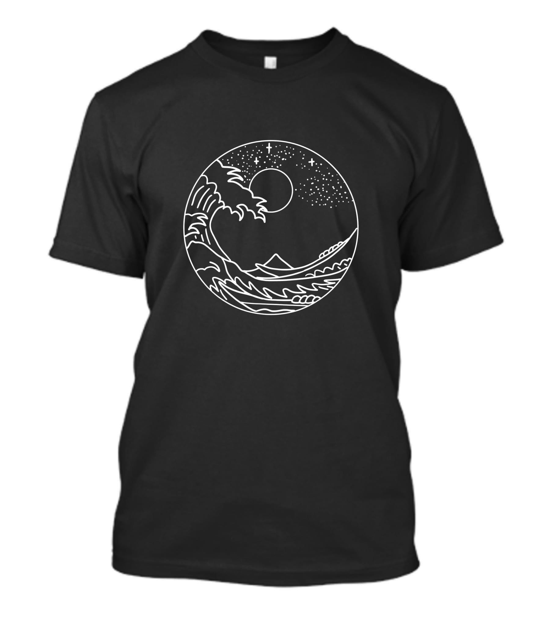 The Great Wave Off Kanagawa Minimal Line Moon Night Sky Nature T-Shirt